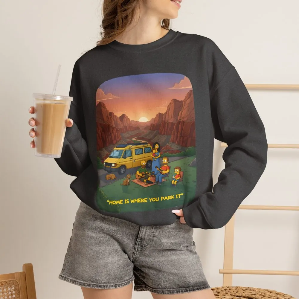 Unisex Heavy Blend™ Crewneck Sweatshirt — "Home Is Where You Park It" Design Sitcom-Line