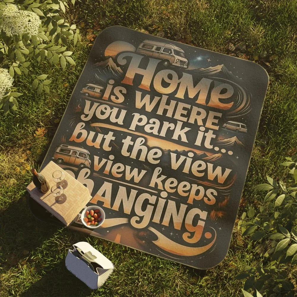 Picnic Blanket — "Home Is Where You Park It -But The View keep Changing" Vintage Camper Outdoor Blanket