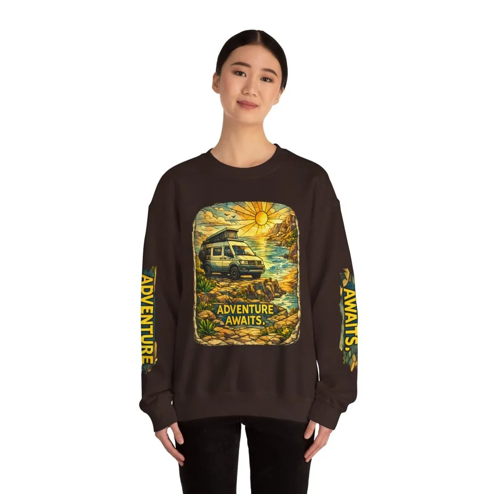 3569120731979736161_2048.jpeg Unisex Heavy Blend™ Crewneck Sweatshirt — "Adventure Awaits" Design Cubic-Line