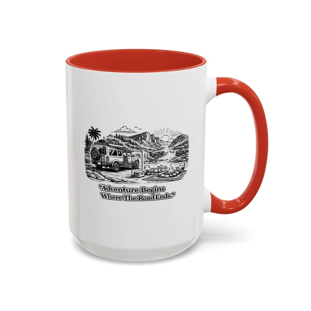 Accent Coffee Mug (11, 15oz) — "Adventure Begins Where The Road Ends" Design Minimal-Line