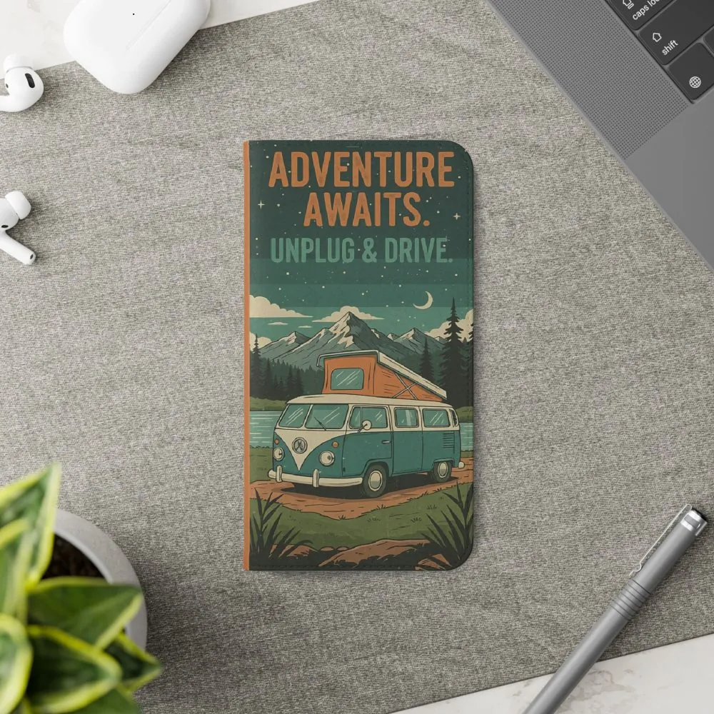 Flip Phone Case — "Adventure Awaits Unplug & Drive" Wallet Case