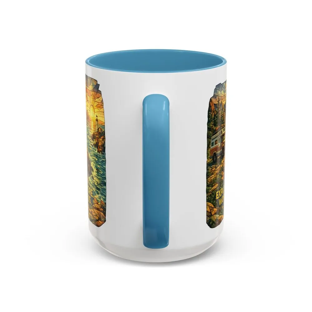 Accent Coffee Mug (11, 15oz) — "Explore More Worry Less" Design Cubic-Line
