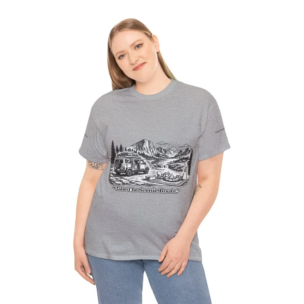 Unisex Heavy Cotton Tee — "Take The Scenic Route" Design Minimal-Line