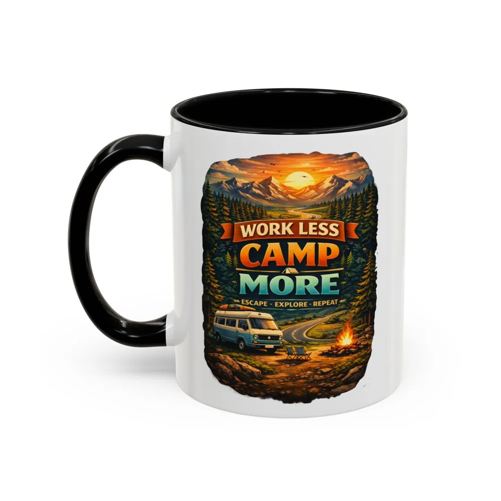 Accent Coffee Mug (11, 15oz) — "Work Less-Camp More" Design Scenic-Line