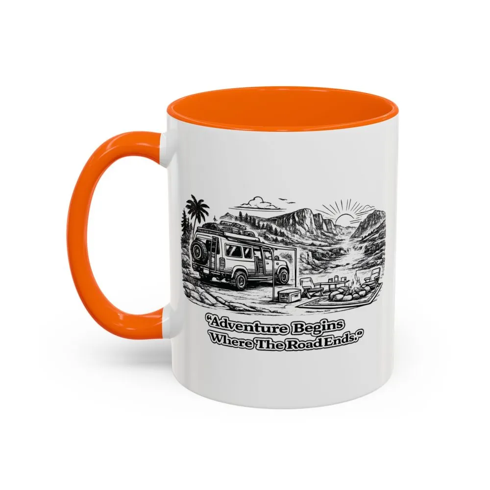 Accent Coffee Mug (11, 15oz) — "Adventure Begins Where The Road Ends" Design Minimal-Line