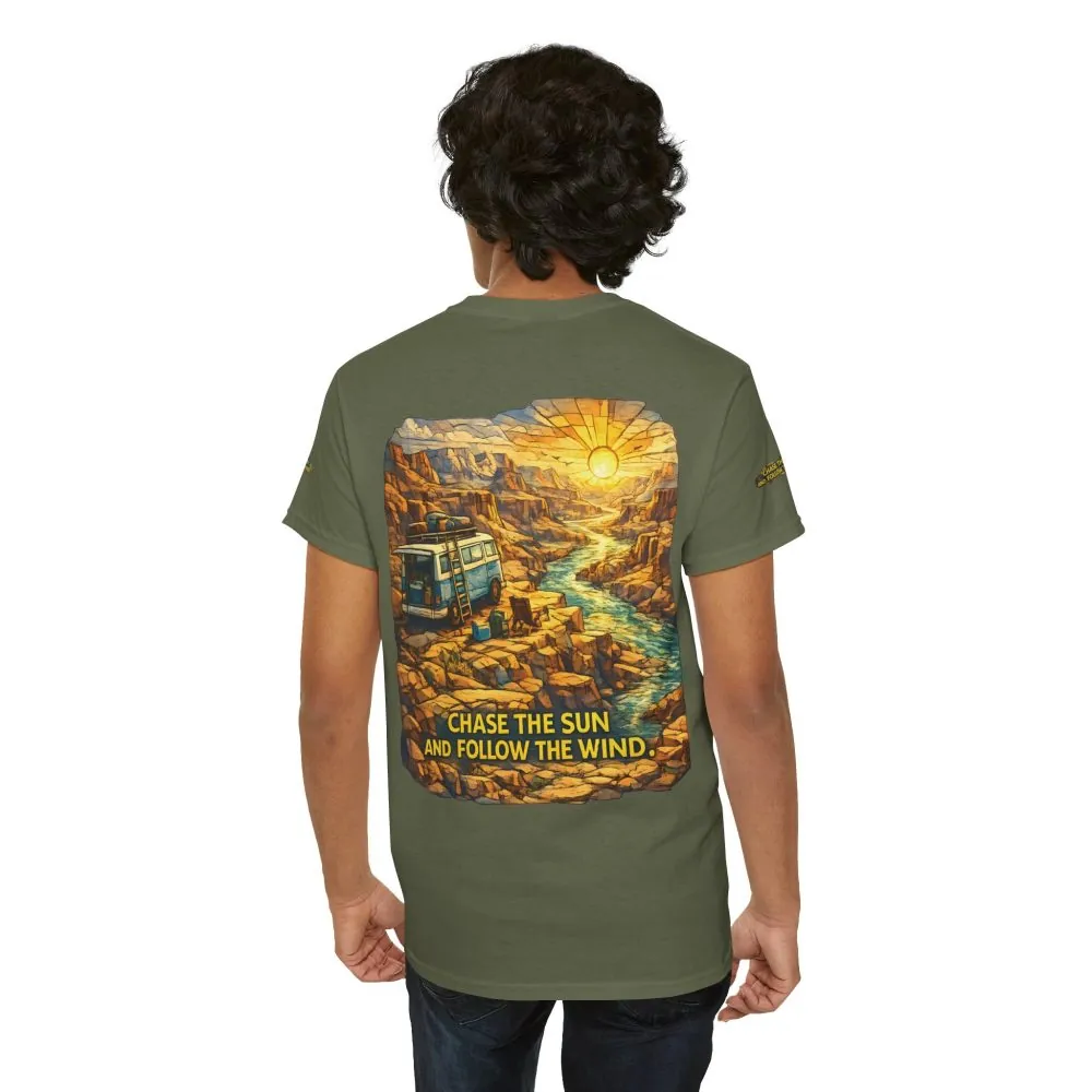 Unisex Heavy Cotton Tee — "Chase The Sun And Follow The Wind" Design Cubic-Line