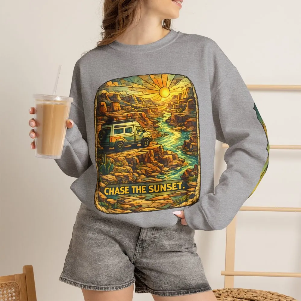 Unisex Heavy Blend™ Crewneck Sweatshirt — "Chase The Sunset" Design Cubic-Line