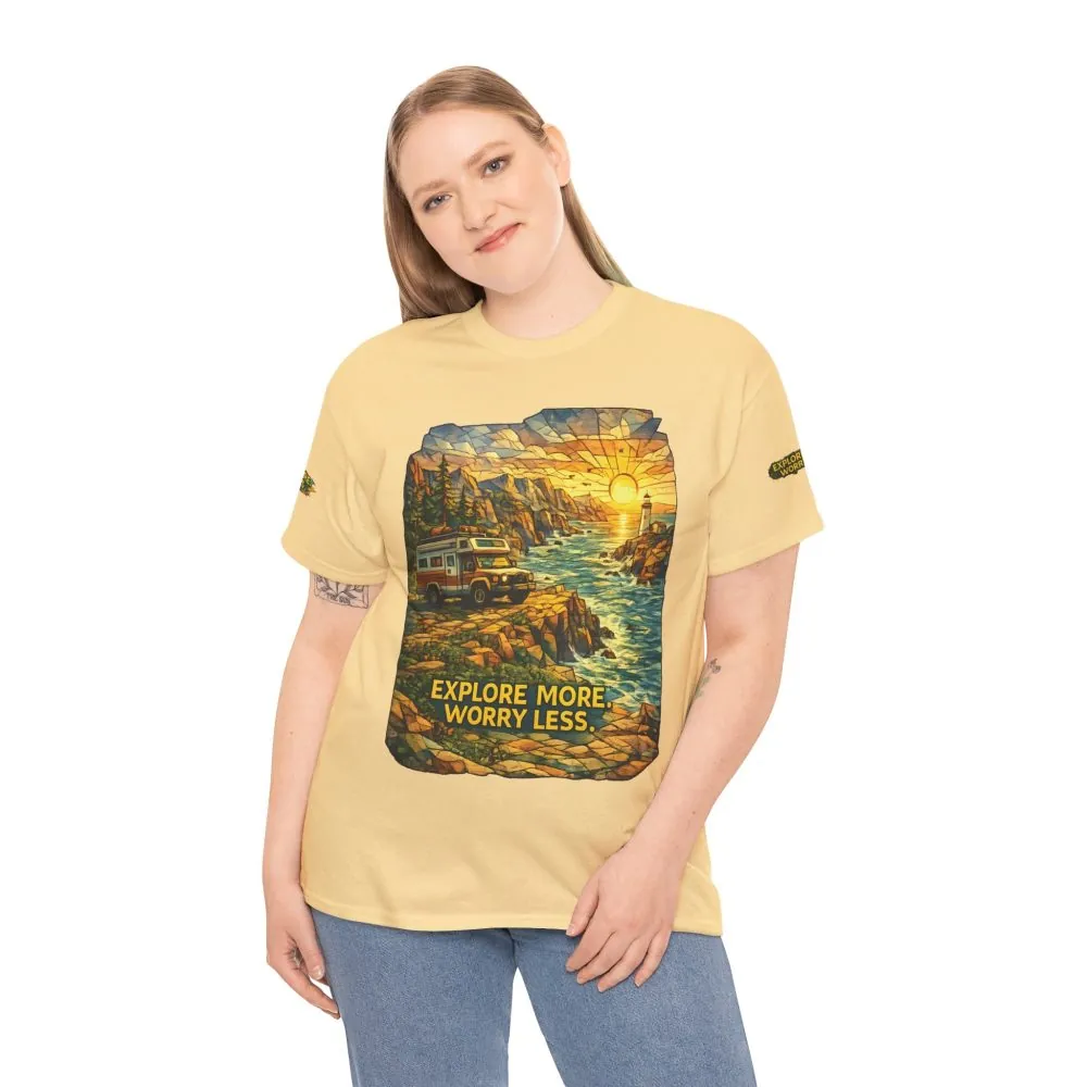 3619763853944197228_2048.jpeg Unisex Heavy Cotton Tee — "Explore More Worry Less" Design Cubic-Line