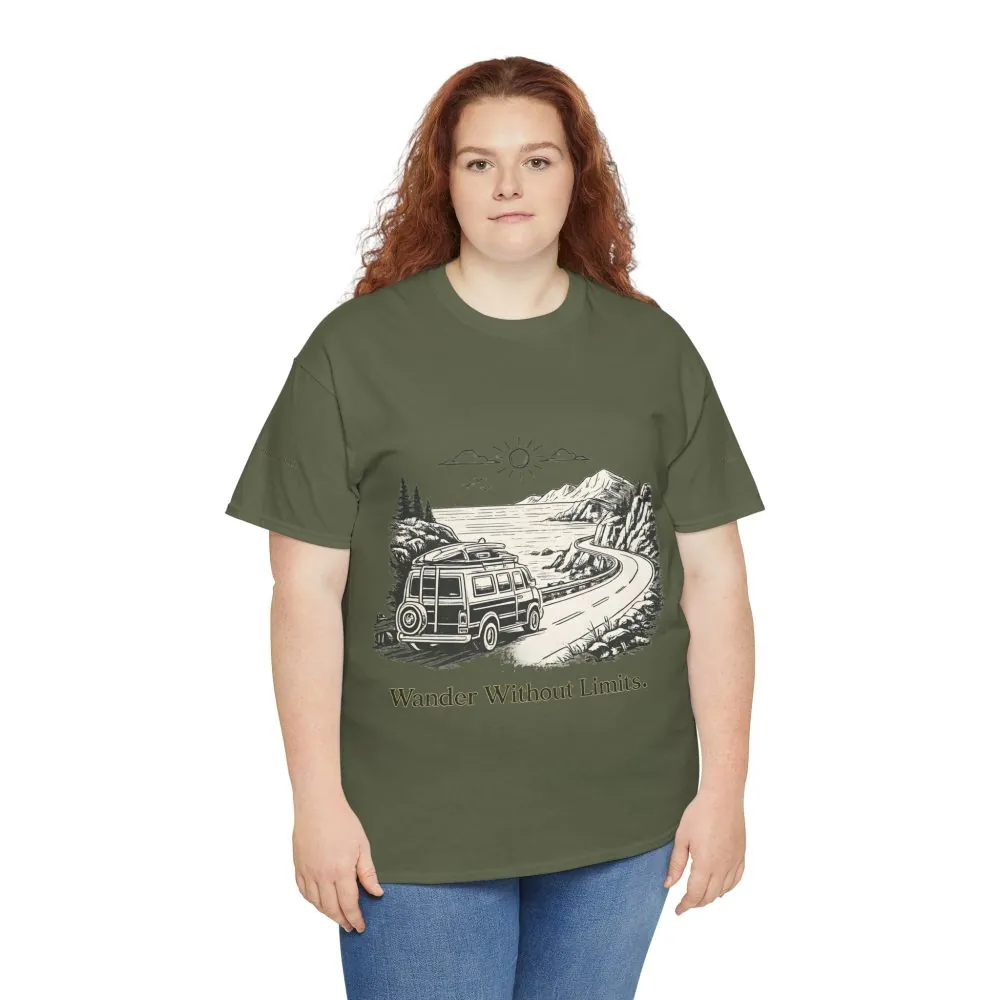 Unisex Heavy Cotton Tee — "Wander Without Limits" Design Minimal-Line