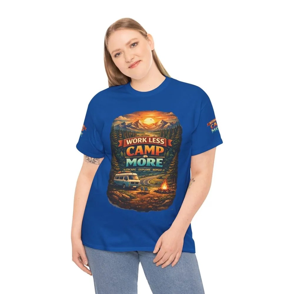 Unisex Heavy Cotton Tee — "Work Less Camp More" Design Scenic-Line
