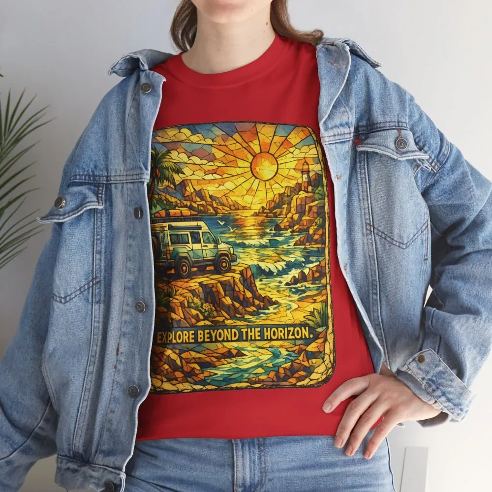 Unisex Heavy Cotton Tee — "Explore Beyond The Horizon" Design Cubic-Line