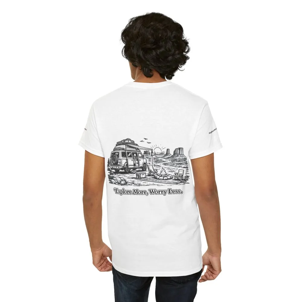 Unisex Heavy Cotton Tee — "Explore More Worry Less" Design Minimal-Line