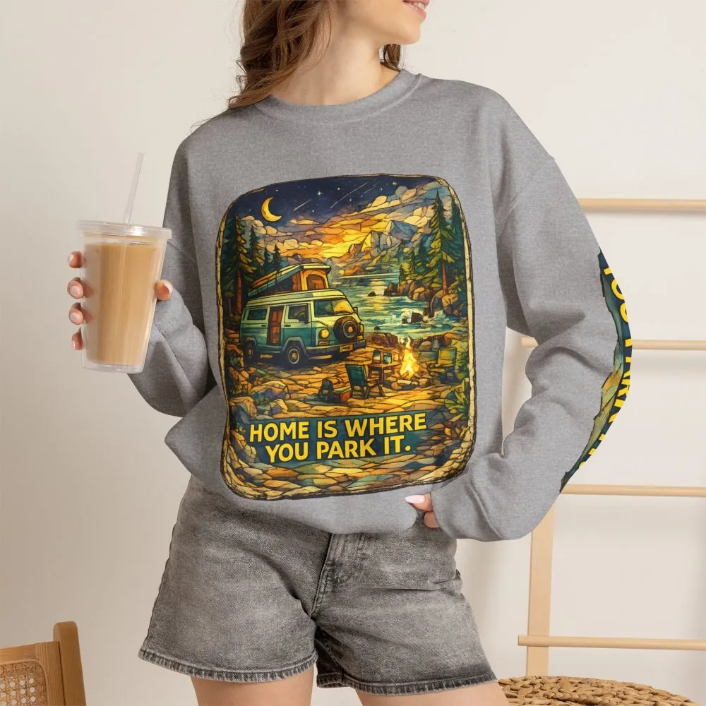 Unisex Heavy Blend™ Crewneck Sweatshirt — "Home Is Where You Park It" Design Cubic-Line