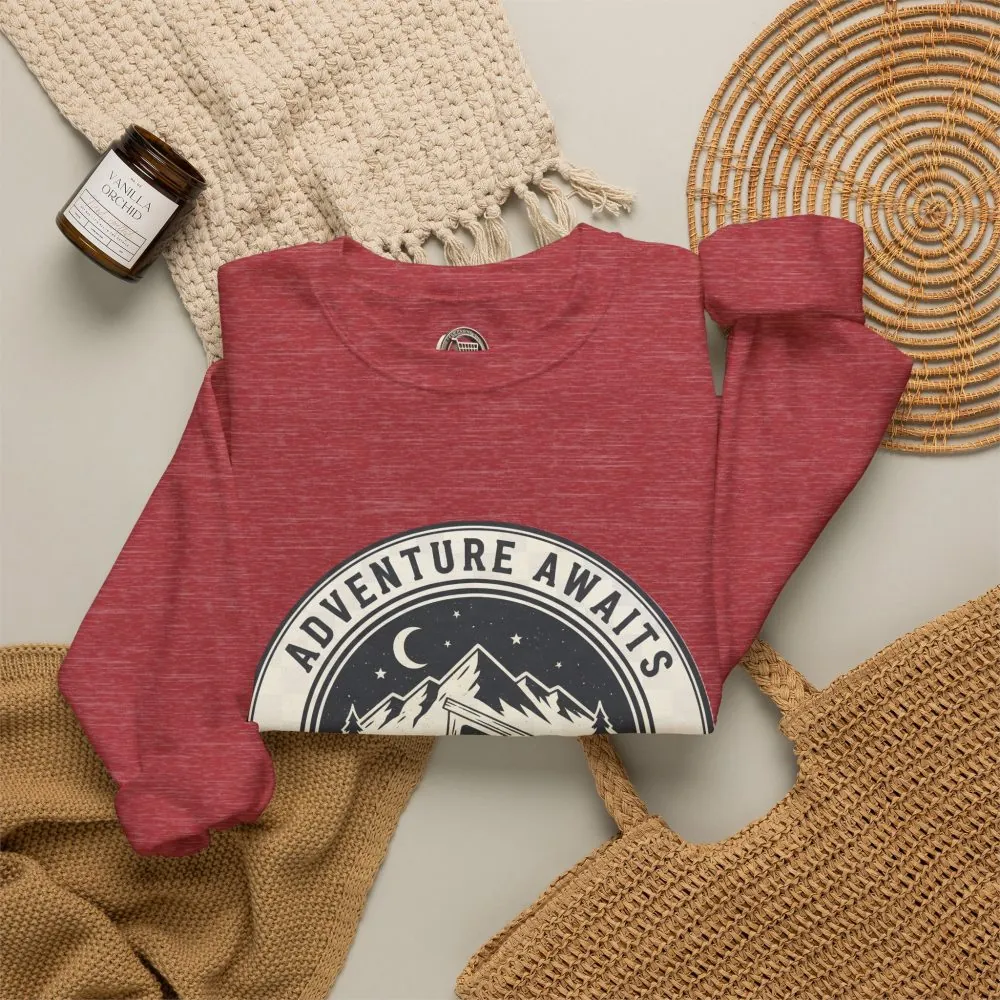 Crewneck Sweatshirt — "Adventure Awaits-Go Where You Feel Most Alive" (Font + Back + Sleaves printed) Vintage Camper Van Outdoor Graphic