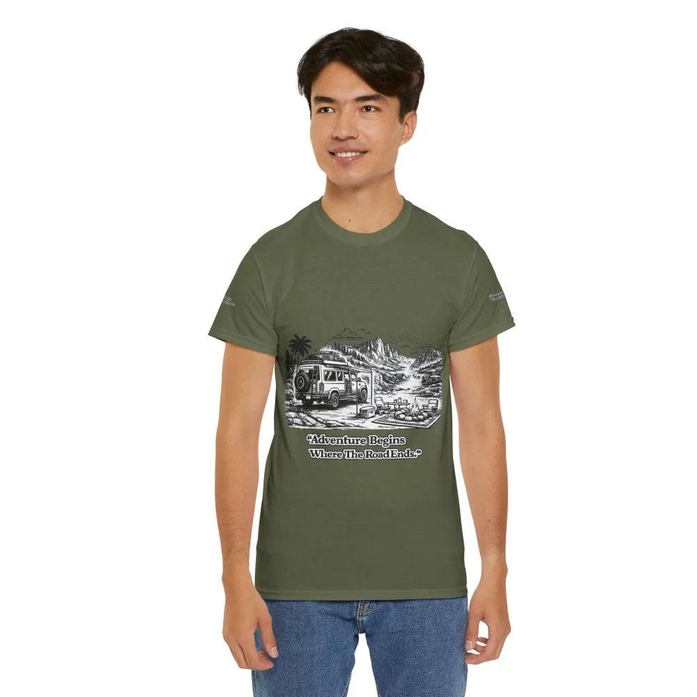 Unisex Heavy Cotton Tee — "Adventure Begins Where The Road Ends" Design Minimal-Line