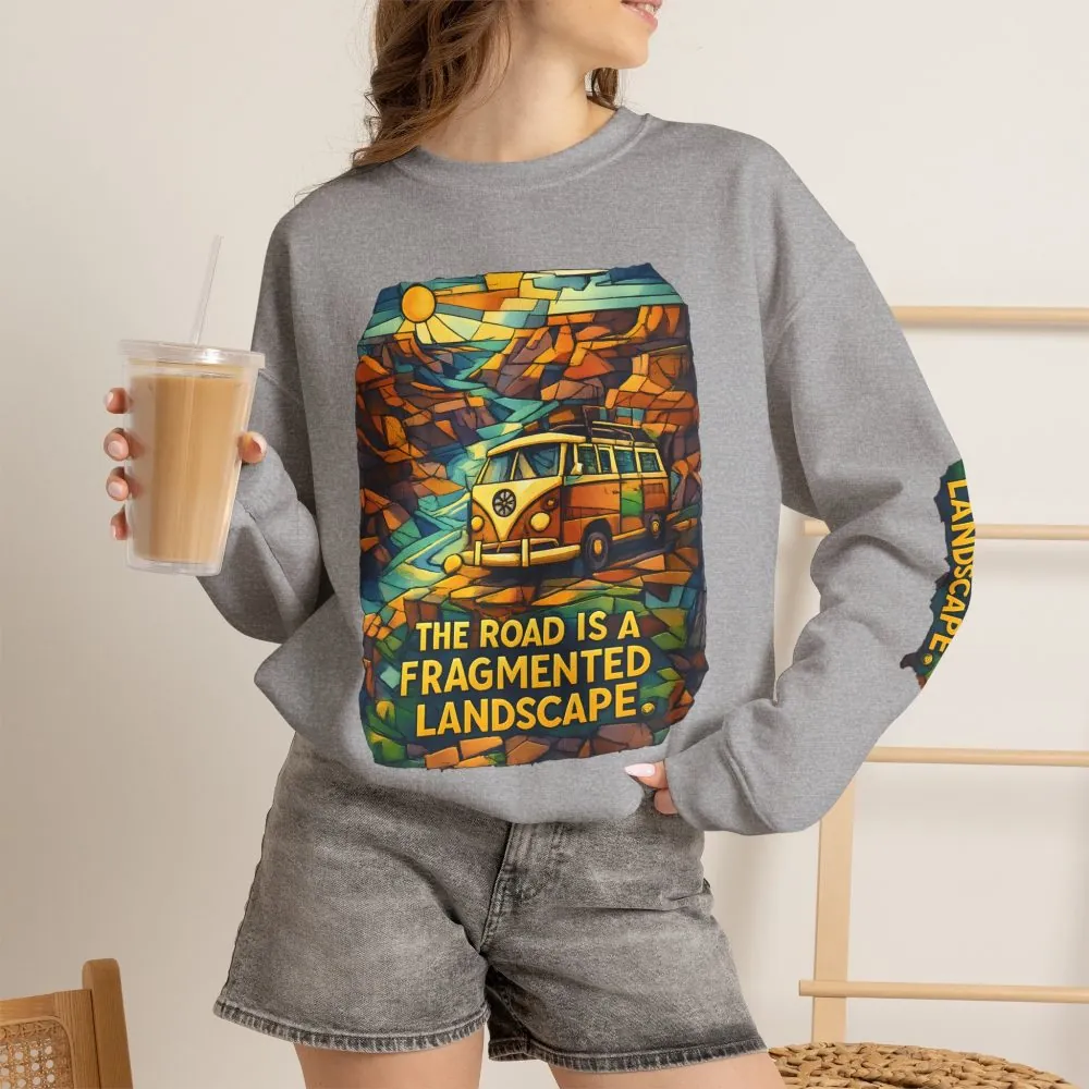 Unisex Heavy Blend™ Crewneck Sweatshirt — "The Road Is A Fragmented Landscape" Design Cubic-Line