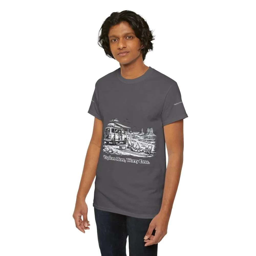 Unisex Heavy Cotton Tee — "Explore More Worry Less" Design Minimal-Line