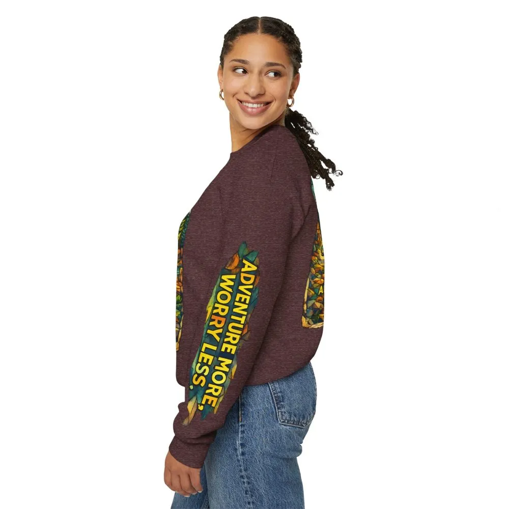 Unisex Heavy Blend™ Crewneck Sweatshirt — "Adventure More Worry Less" Design Cubic-Line