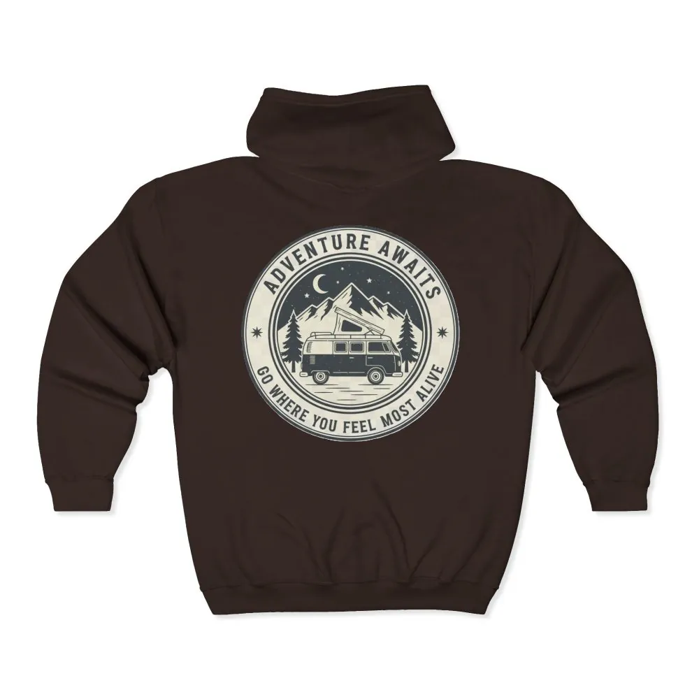 3781192613218492537_2048.jpeg Zip Hoodie — "Adventure Awaits-Go Where You Feel Most Alive" (Only Back Printed) Camper Van Adventure Zip-Up