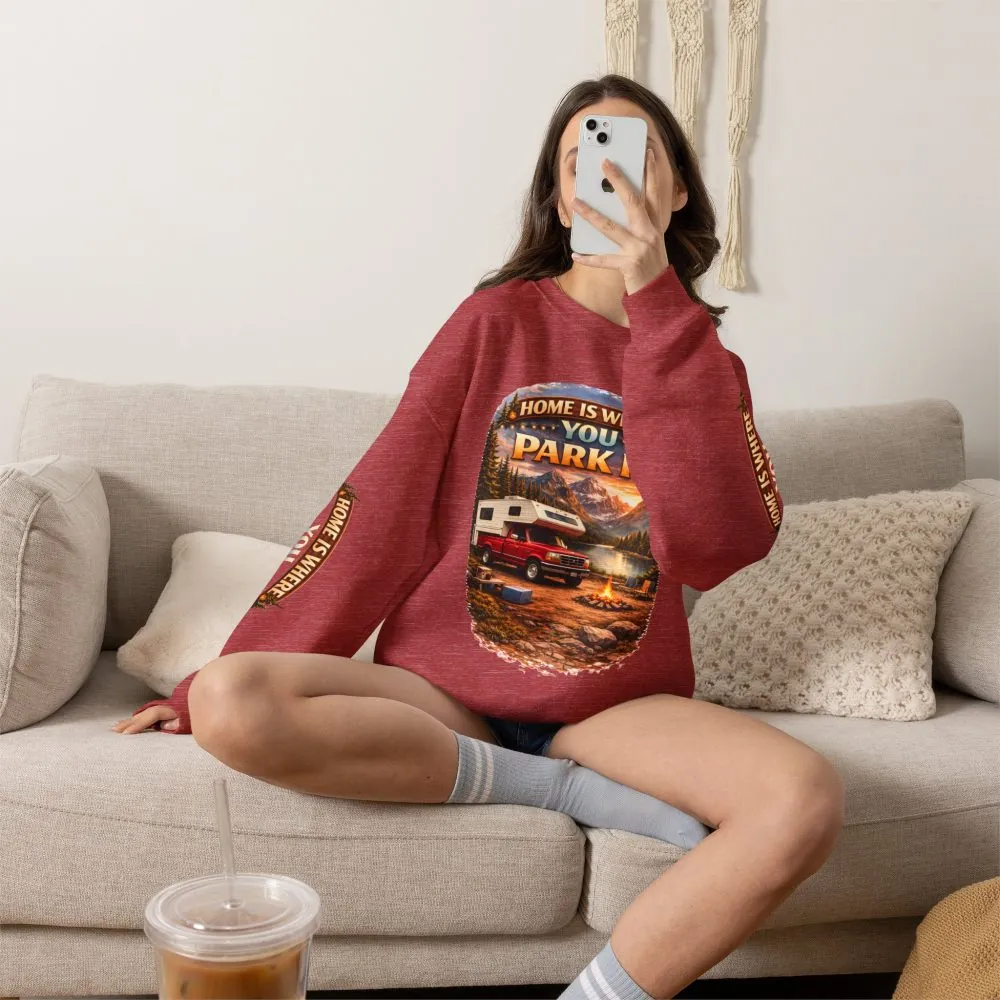 Unisex Heavy Blend™ Crewneck Sweatshirt — "Home Is Where You Park It" Design Scenic-Line