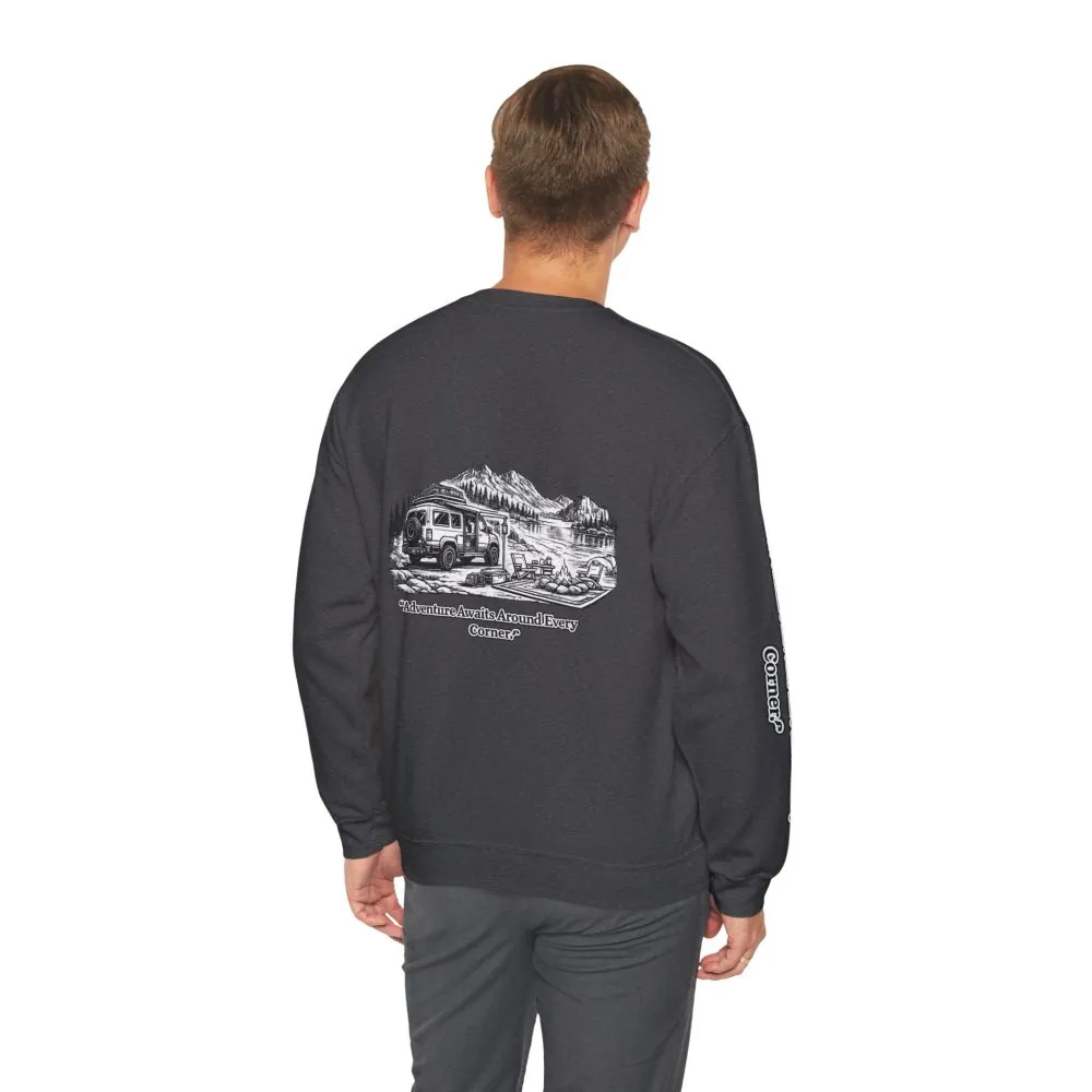 3789888573619236421_2048.jpeg Unisex Heavy Blend™ Crewneck Sweatshirt — "Adventure Awaits Around Every Corner" Design Minimal-Line