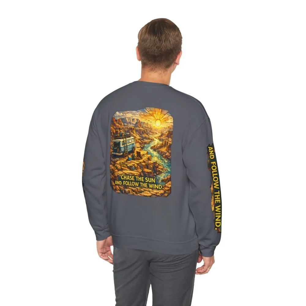 Unisex Heavy Blend™ Crewneck Sweatshirt — "Chase The Sun And Follow The Wind" Design Cubic-Line
