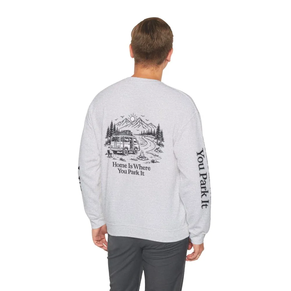 3812122062357893648_2048.jpeg Unisex Heavy Blend™ Crewneck Sweatshirt — "Home Is Where You Park It" Design Minimal-Line