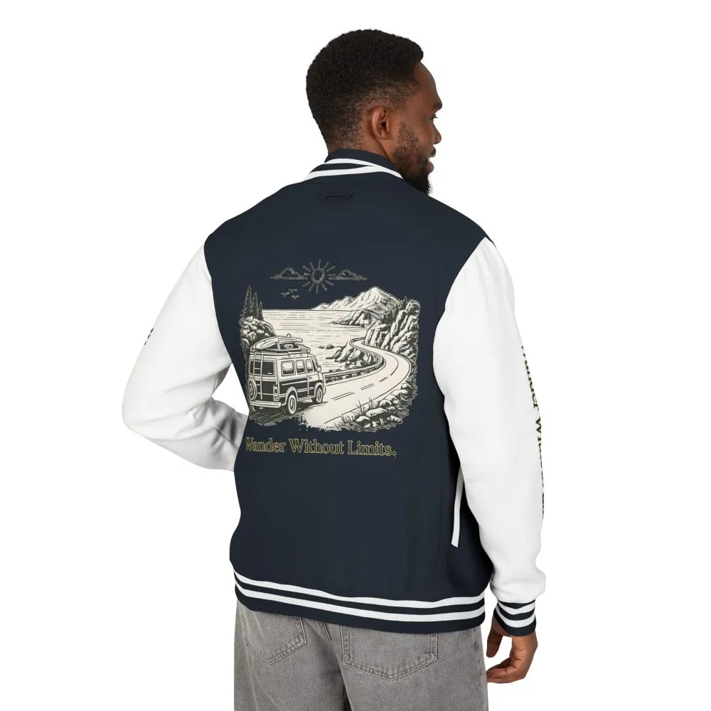 Unisex Heavyweight Letterman Jacket — "Wander Without Limits" Travel Varsity Coat