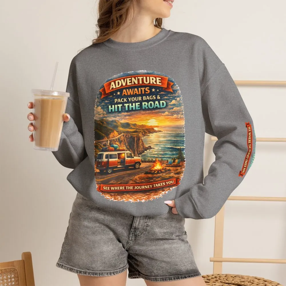 3821961785443819158_2048.jpeg Unisex Heavy Blend™ Crewneck Sweatshirt — "Adventure Awaits-Pack Your Bags" Design Scenic-Line