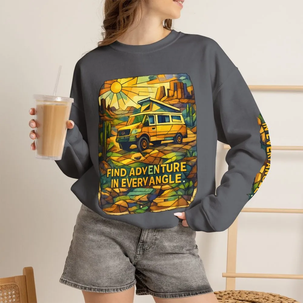 Unisex Heavy Blend™ Crewneck Sweatshirt — "Find Adventure In Every Corner" Design Cubic-Line