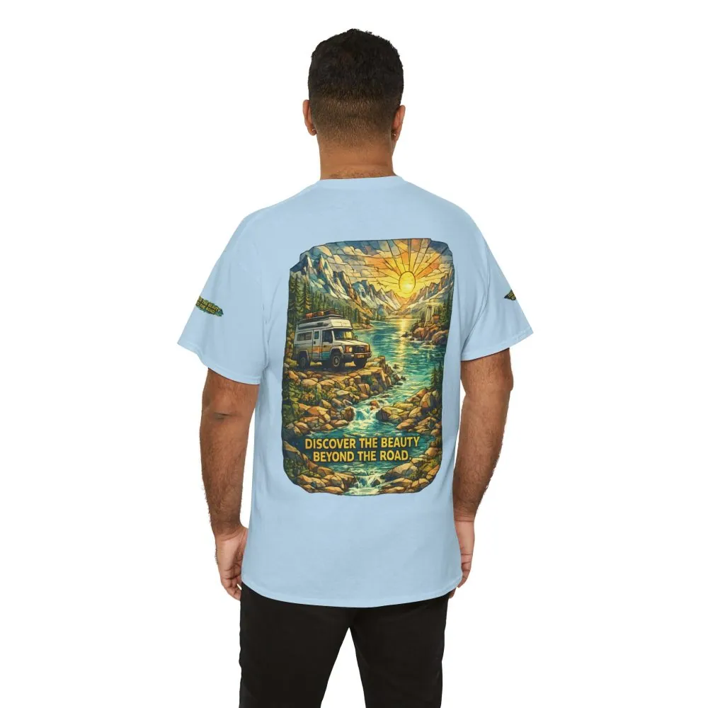 Unisex Heavy Cotton Tee — "Discover The Bieuty Beyond The Road" Design Cubic-Line