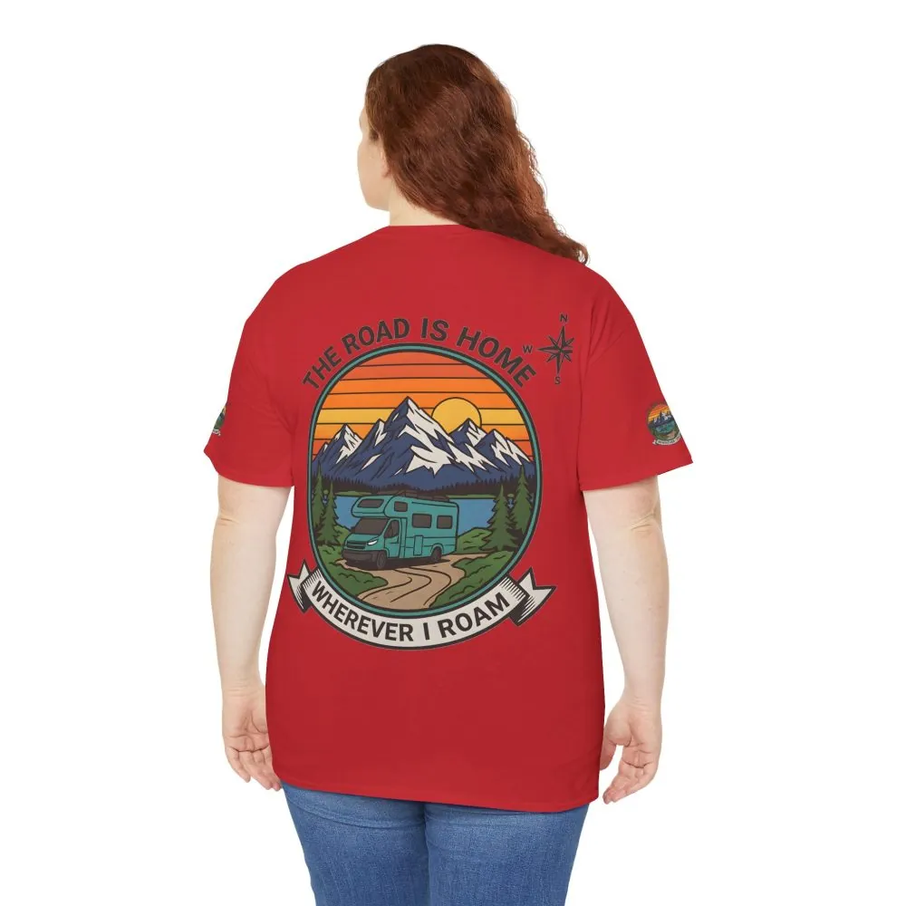 Unisex Heavy Cotton Tee  — 'The Road Is Home, Wherever I Roam' Retro Camper Tee
