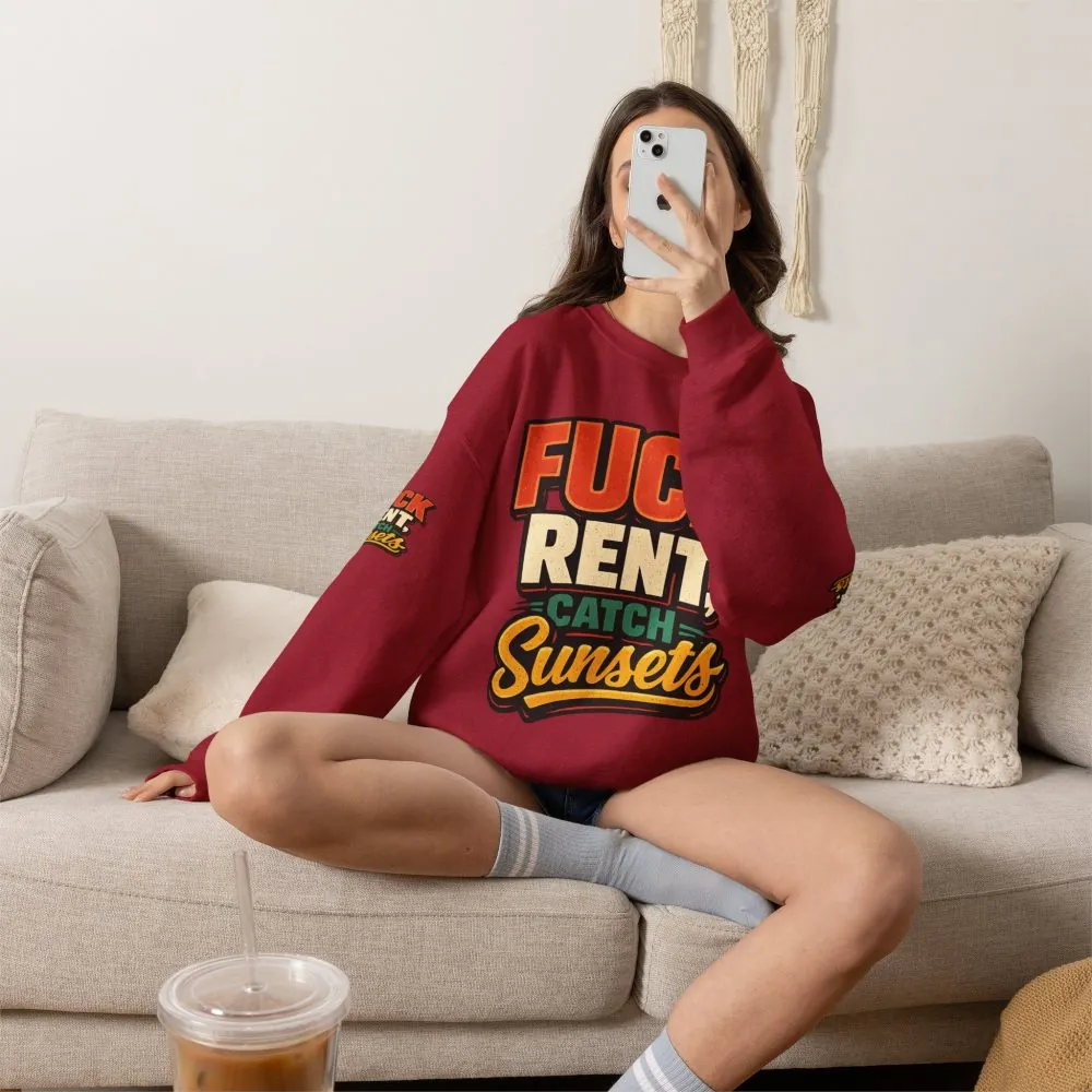 Unisex Heavy Blend™ Crewneck Sweatshirt — "Fuck Rent Catch Sunsets" Design F**K-Line