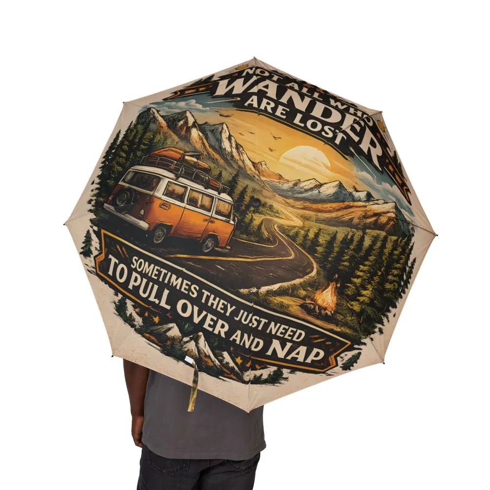Semi-Automatic Foldable Umbrella — "Not All Who Wander Are Lost" Vintage Adventure Print