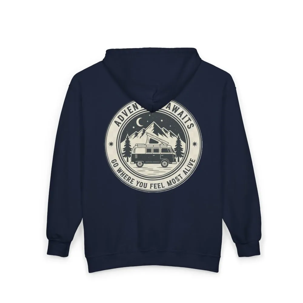 3872526290804005146_2048.jpeg Zip Hoodie — "Adventure Awaits-Go Where You Feel Most Alive" (Only Back Printed) Camper Van Adventure Zip-Up