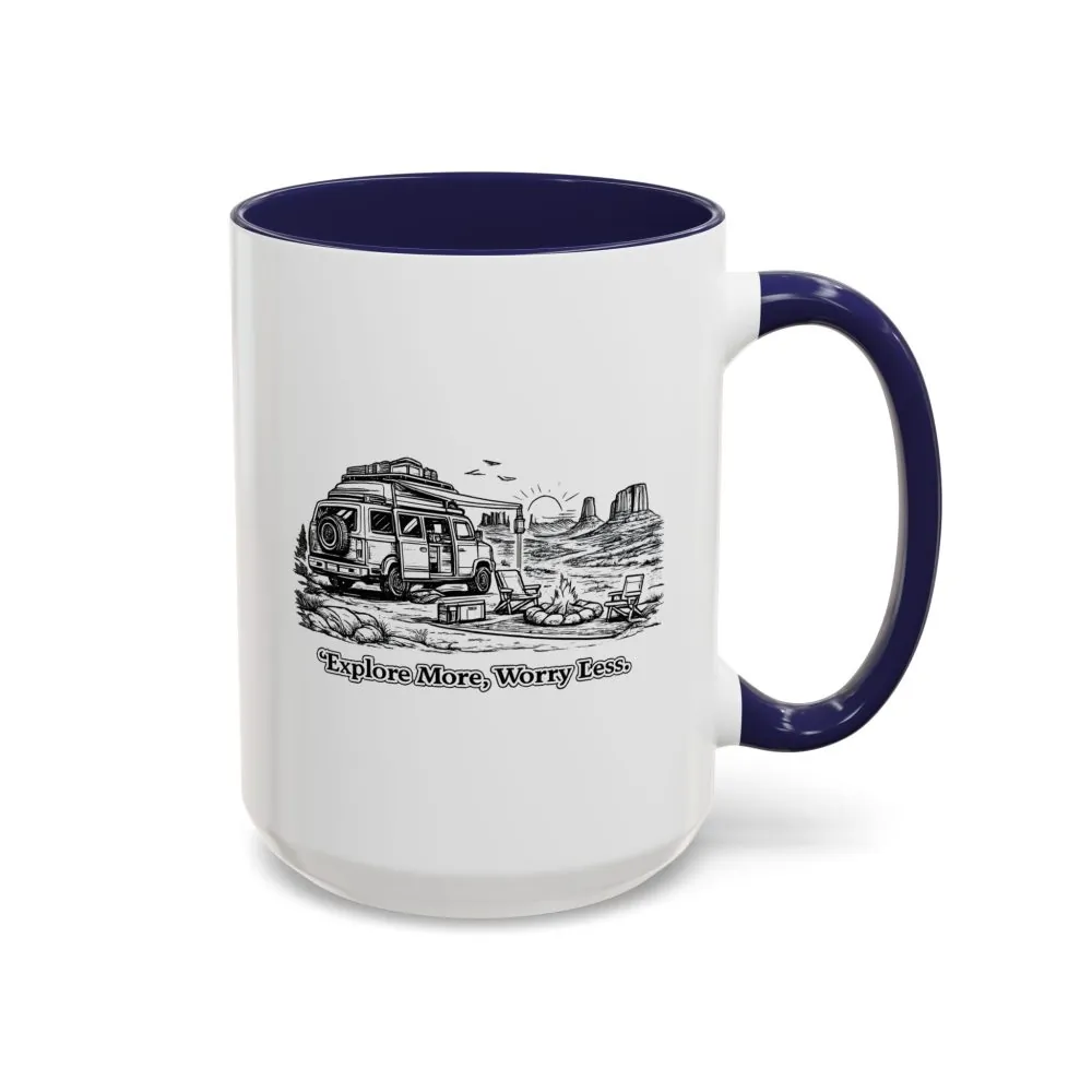 Accent Coffee Mug (11, 15oz) — "Explore More Worry Less" Design Minimal-Line