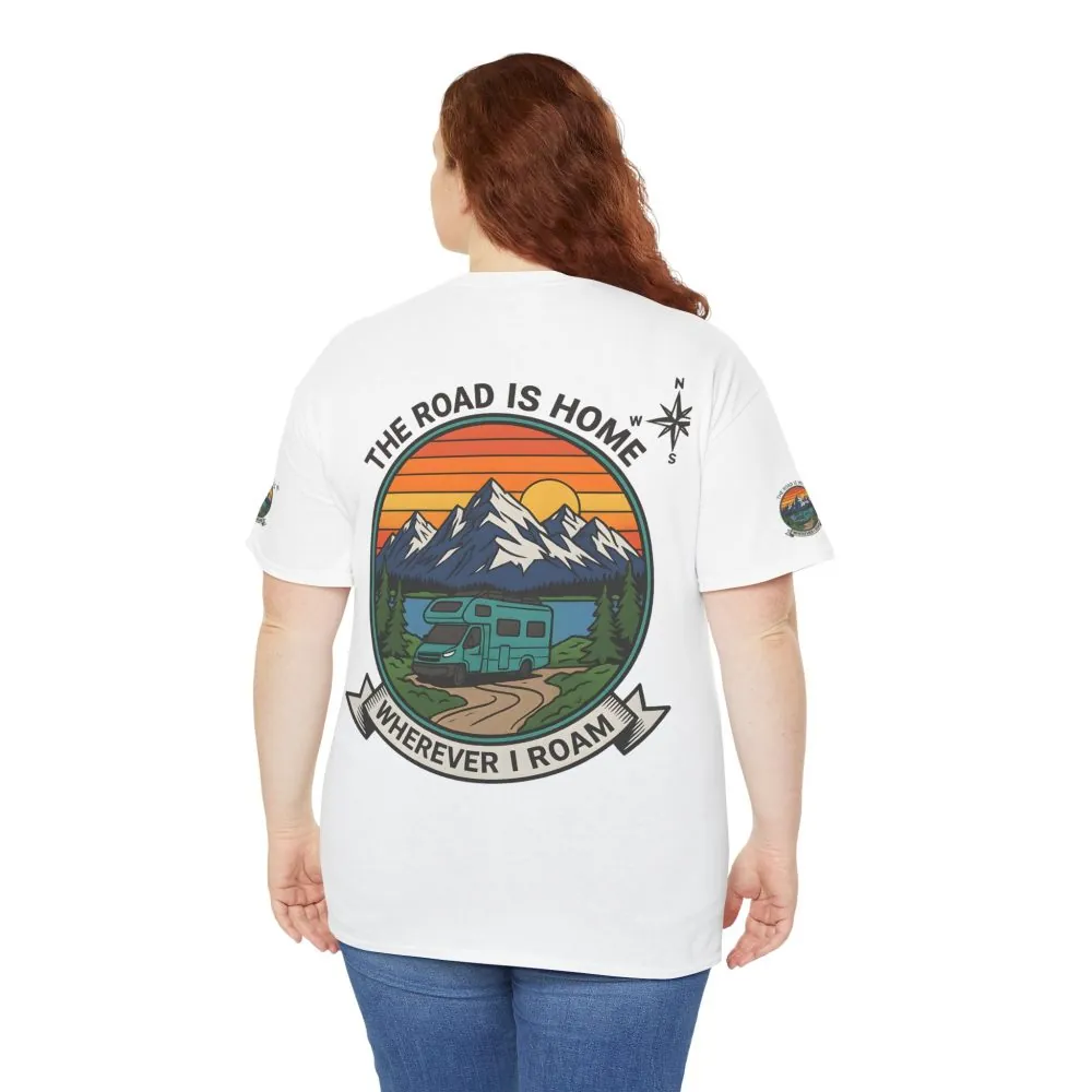 Unisex Heavy Cotton Tee  — 'The Road Is Home, Wherever I Roam' Retro Camper Tee