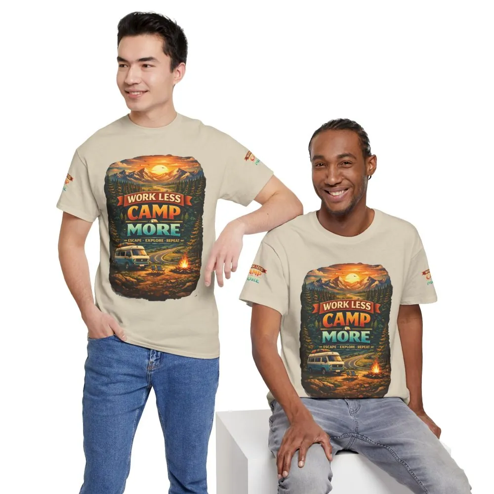 Unisex Heavy Cotton Tee — "Work Less Camp More" Design Scenic-Line