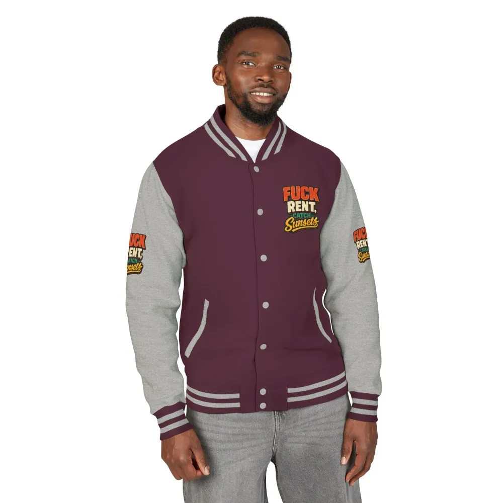 Unisex Heavyweight Letterman Jacket — "Fuck Rent Catch Sunsets" Design F**K-Line