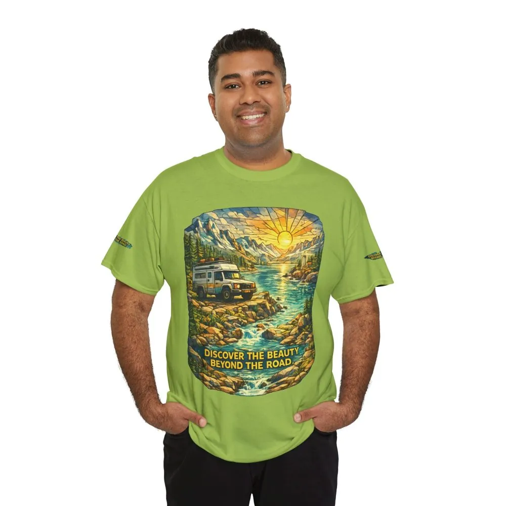 Unisex Heavy Cotton Tee — "Discover The Bieuty Beyond The Road" Design Cubic-Line