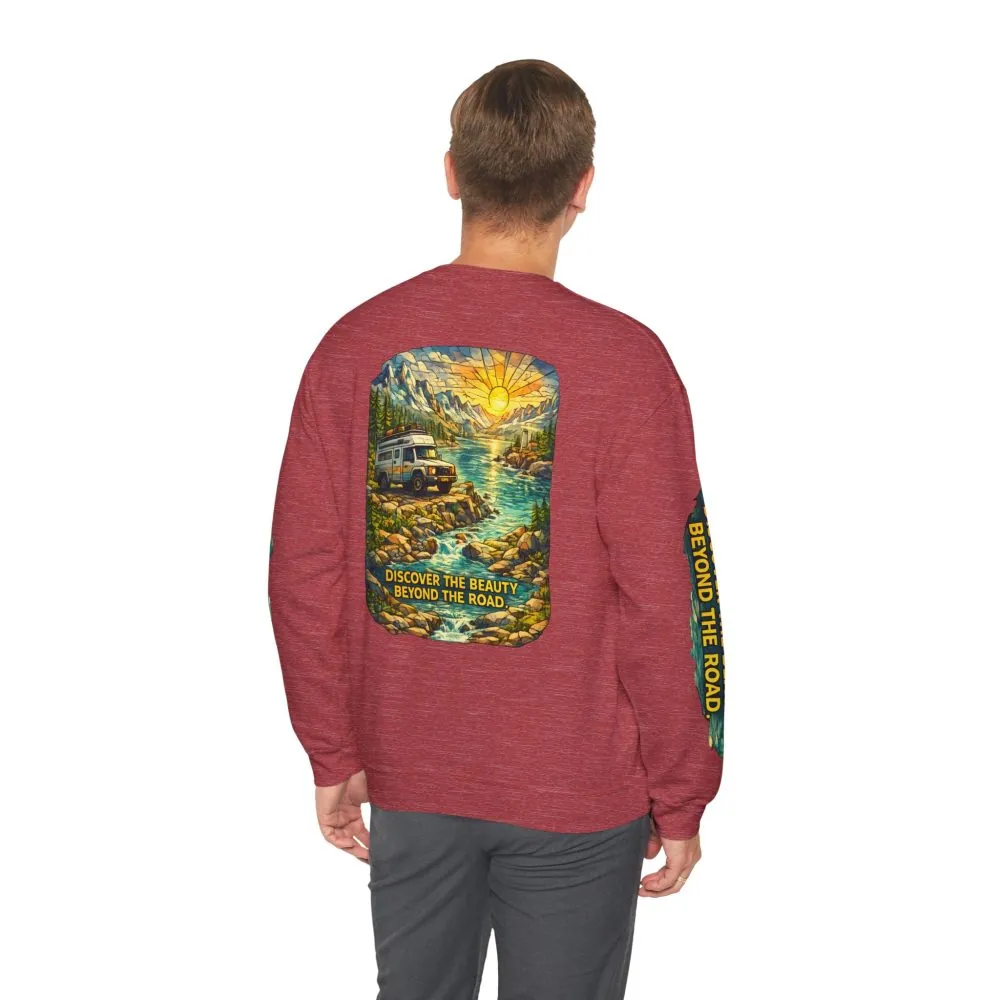 Unisex Heavy Blend™ Crewneck Sweatshirt — "Discover The Bieuty Beyond The Road" Design Cubic-Line