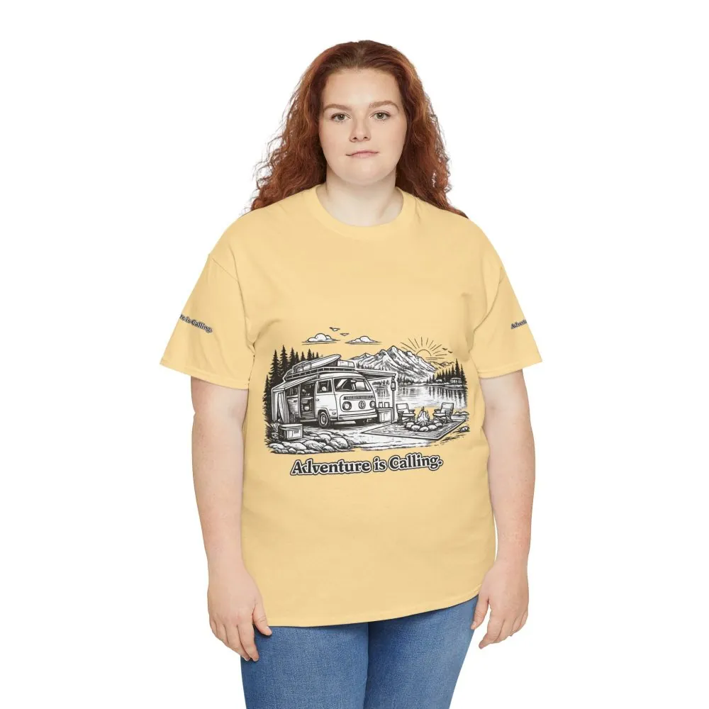 Unisex Heavy Cotton Tee — "Adventure Is Calling" Design Minimal-Line