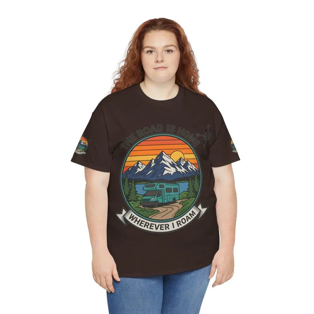 Unisex Heavy Cotton Tee  — 'The Road Is Home, Wherever I Roam' Retro Camper Tee