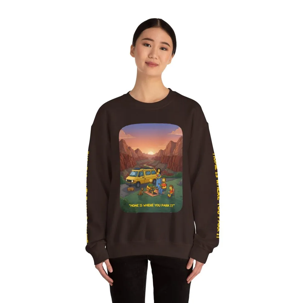 Unisex Heavy Blend™ Crewneck Sweatshirt — "Home Is Where You Park It" Design Sitcom-Line