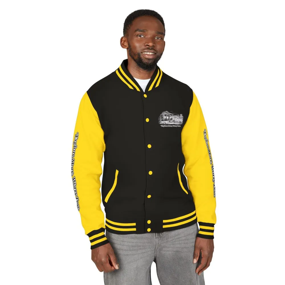Unisex Heavyweight Letterman Jacket — "Explore More Worry Less" Travel Varsity Coat