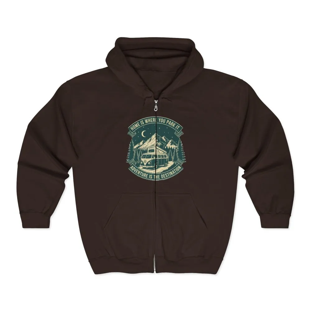3926737854247880035_2048.jpeg Zip Hoodie — "Home Is Where You Park It-Adventure is the destination"(Front + Back Printed) Camper Van Adventure Zip-Up