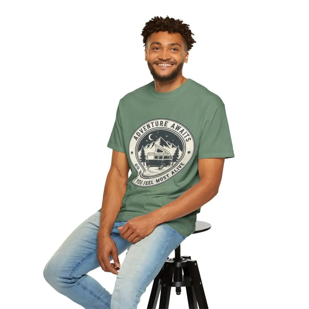 T-Shirt — "Adventure Awaits-Go Where You Feel Most Alive" (Only Front Printed) Outdoor Travel Tee