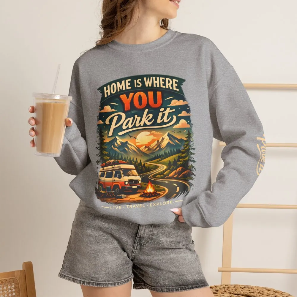 Unisex Heavy Blend™ Crewneck Sweatshirt — "Home Is Where You Park It" Design Scenic-Line