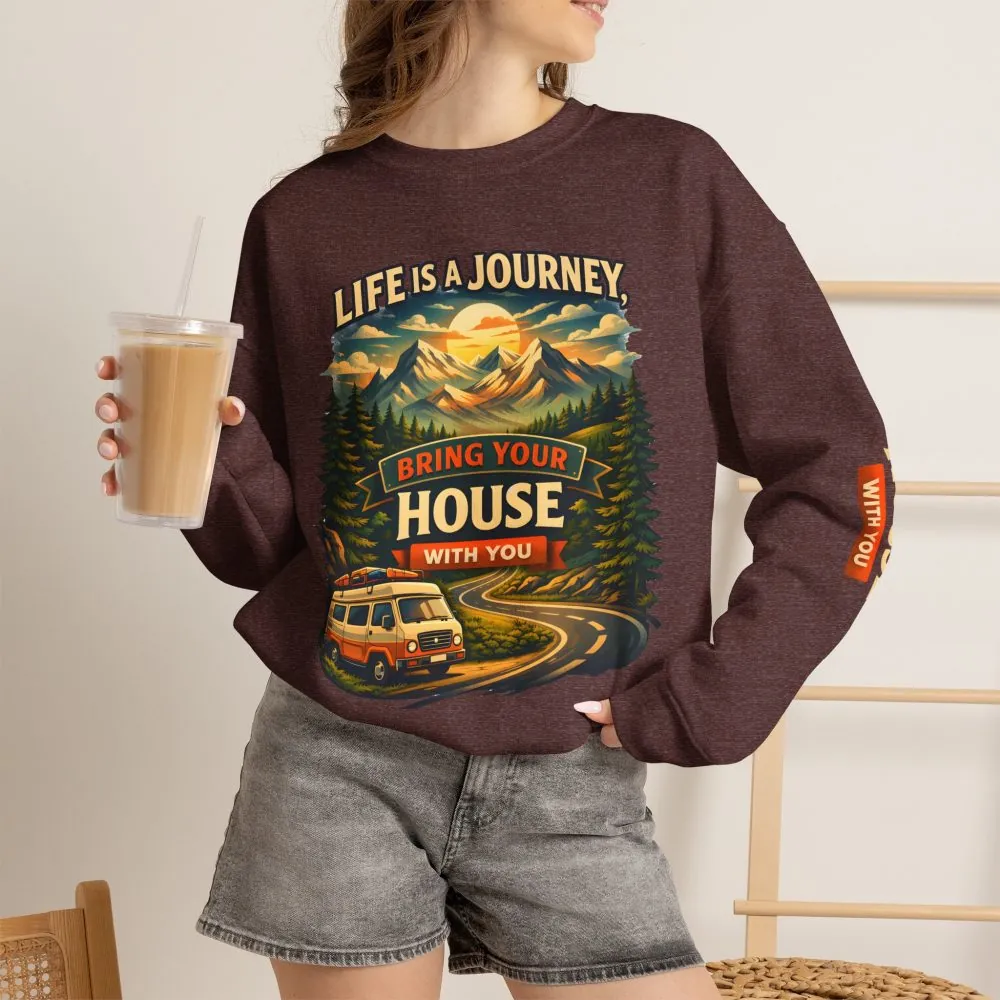Unisex Heavy Blend™ Crewneck Sweatshirt — "Live Is A Journey-Bring Your House With You" Design Scenic-Line