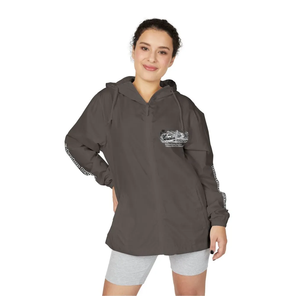 Unisex Full-Zip Windbreaker Jacket — "Adventure Begins Where Roads End" (Design "Minimal-Line")